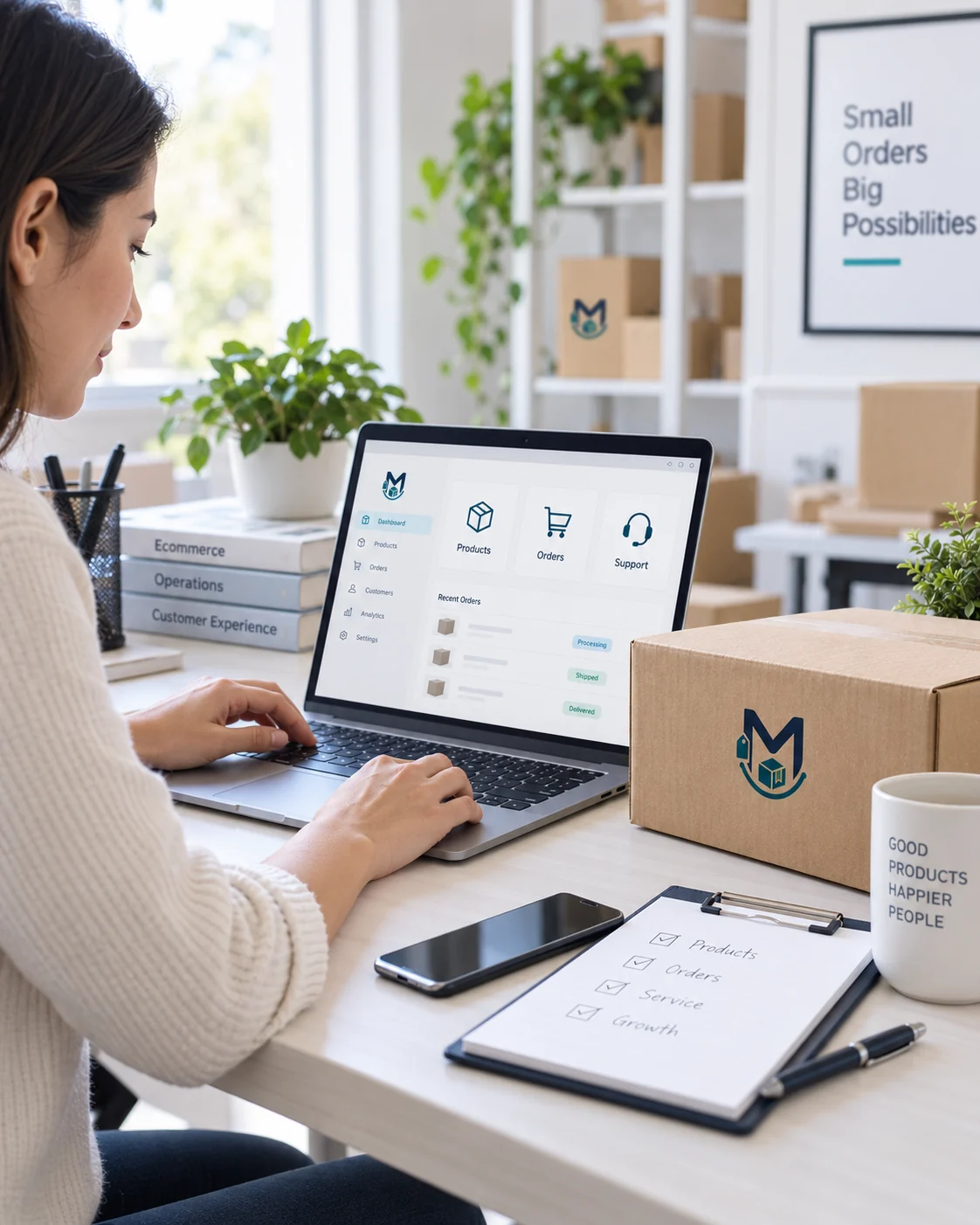 MTP Commerce professional managing products, orders, support, and growth from a branded ecommerce workspace