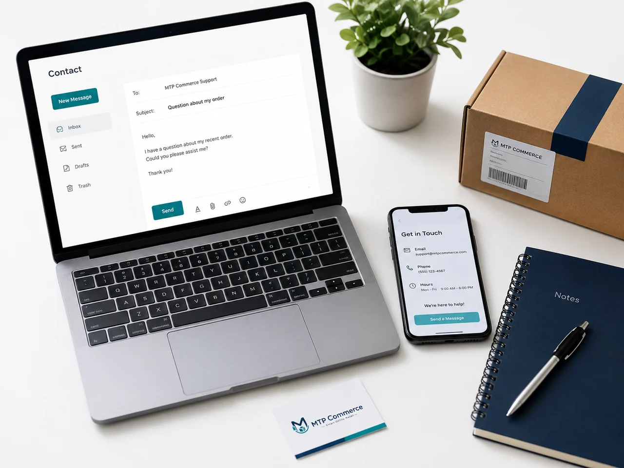 MTP Commerce contact workspace with laptop, package, mobile phone, business card, and notebook