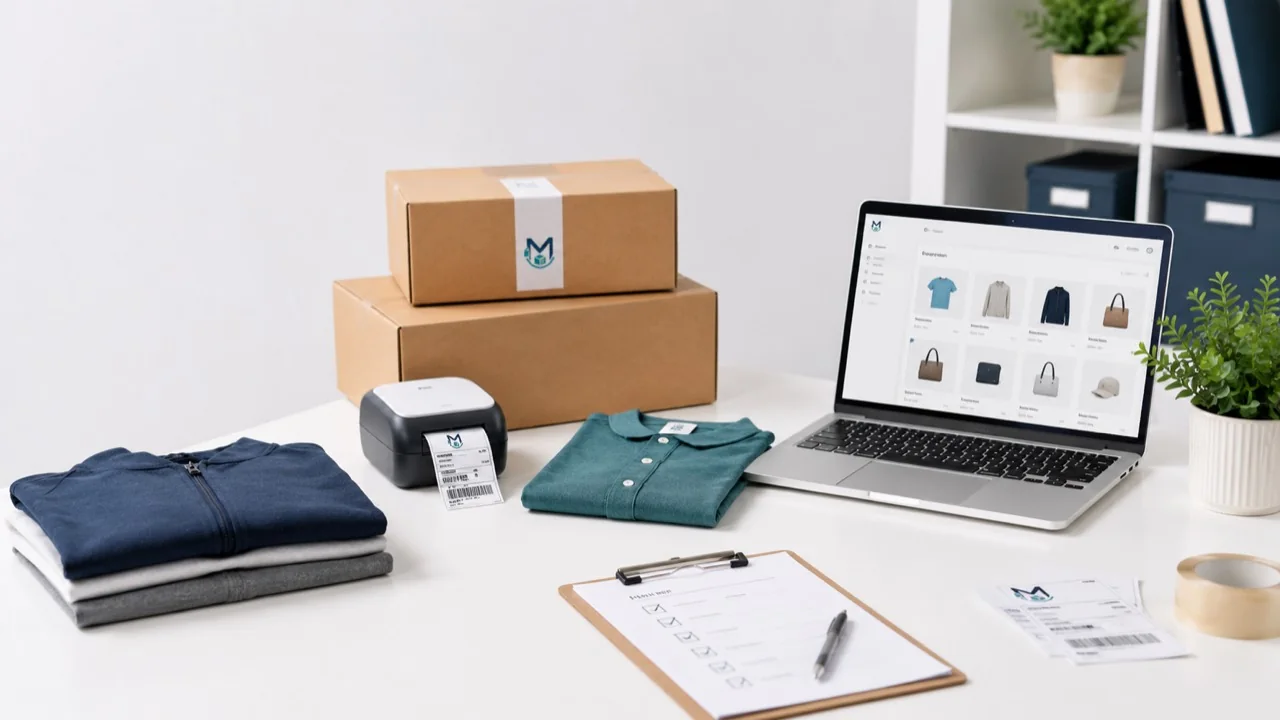 Organized online retail workspace with products, laptop, boxes, label printer, and checklist